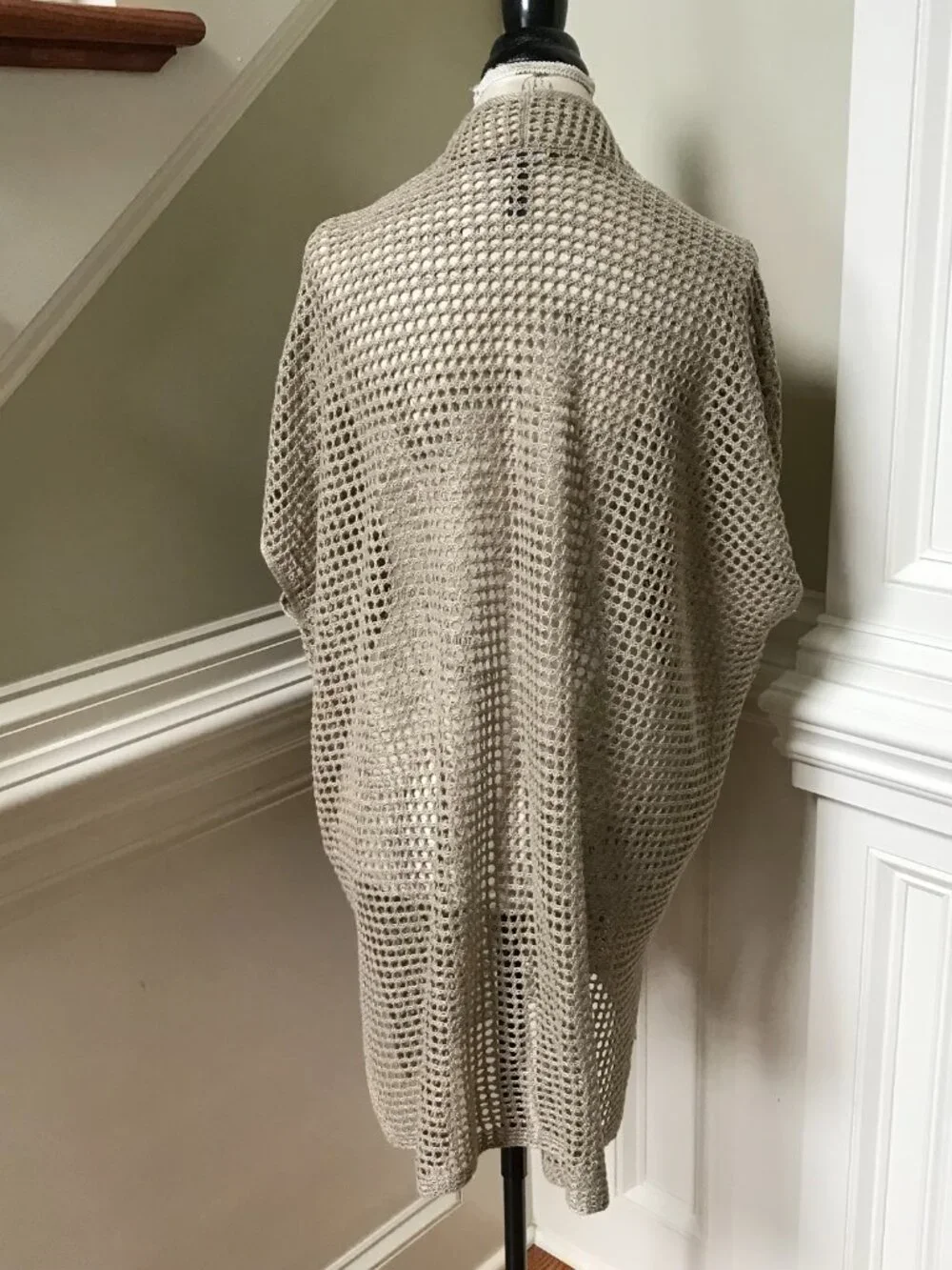 Eileen Fisher Delave Crochet Cardigan Sweater Womens XS Natural Tan Linen Knit